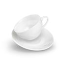 A small empty porcelain white 3D realistic cup and saucer flies in dynamics. Royalty Free Stock Photo